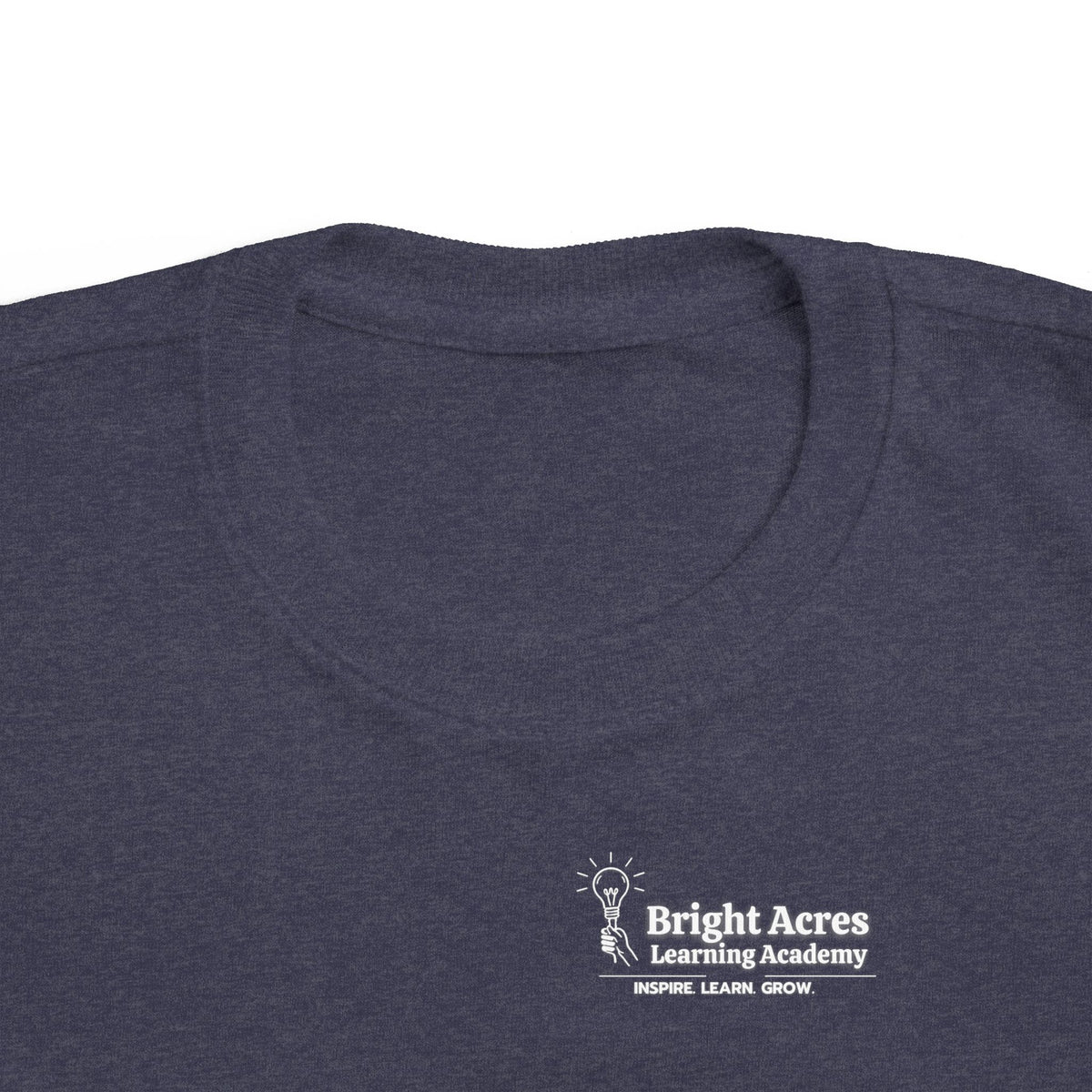 Bright Acres Bright Minds Together Toddler Tee — Vintage Navy, chest logo detail