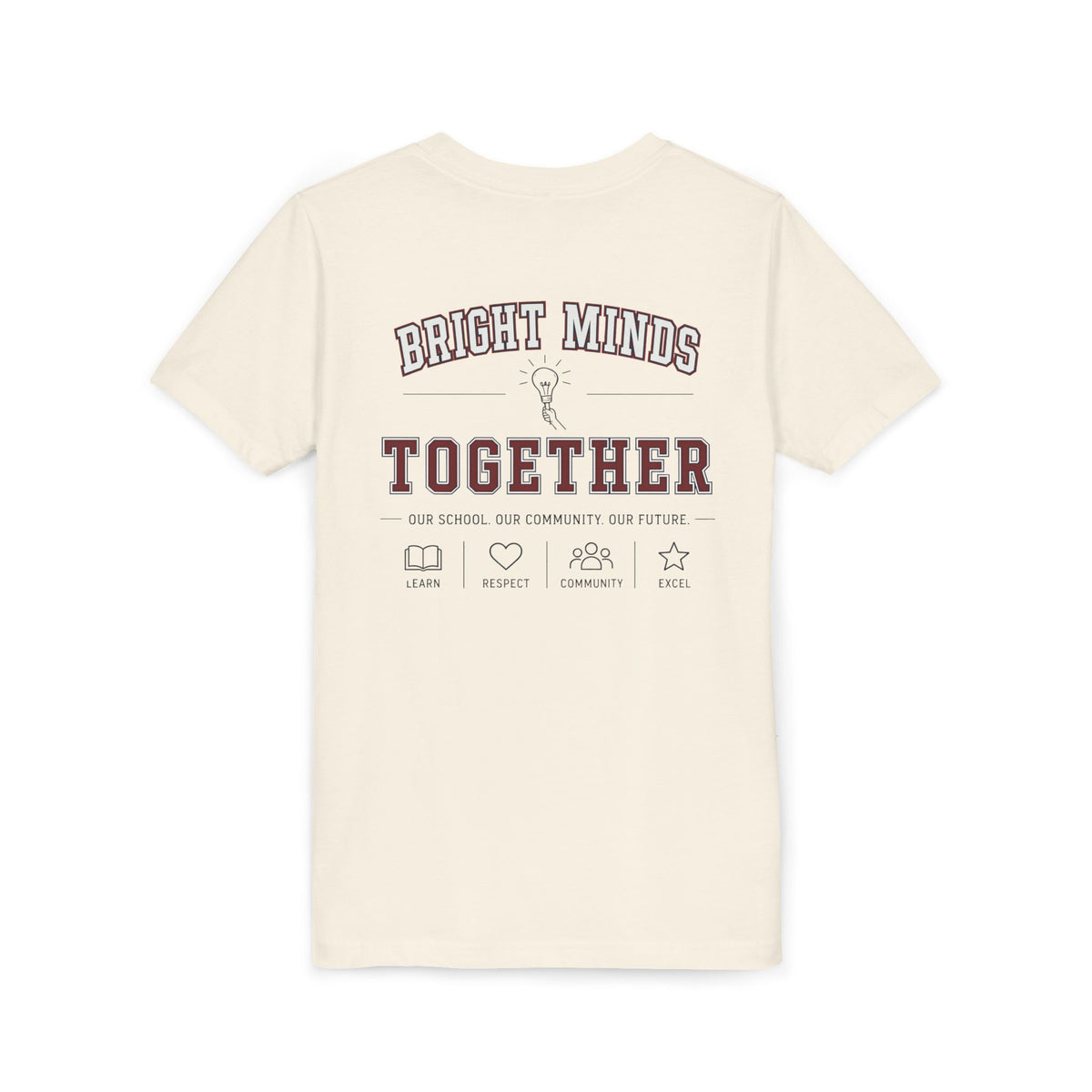Bright Acres Bright Minds Together Youth Tee — Natural, back hanging