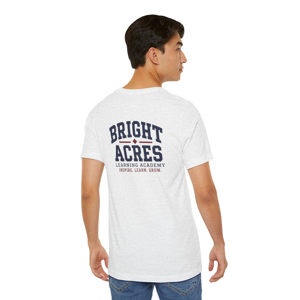 Bright Acres Collegiate Adult Tee — Ash, back on model