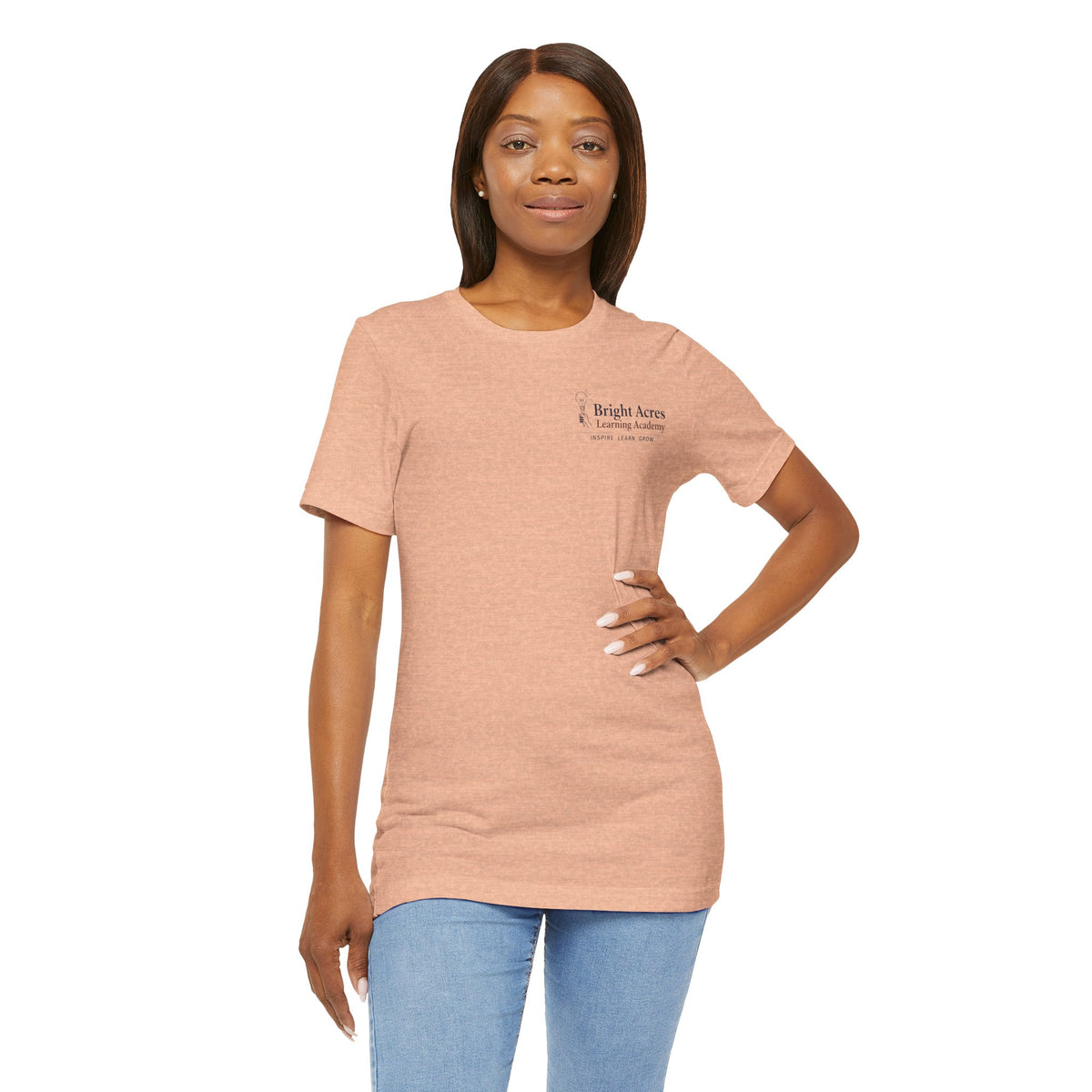 Bright Acres Collegiate Adult Tee — Heather Peach, front on model
