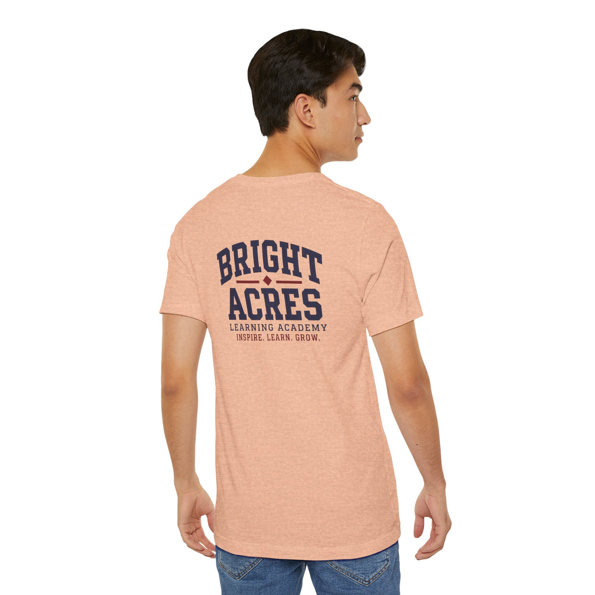 Bright Acres Collegiate Adult Tee — Heather Peach, back on model