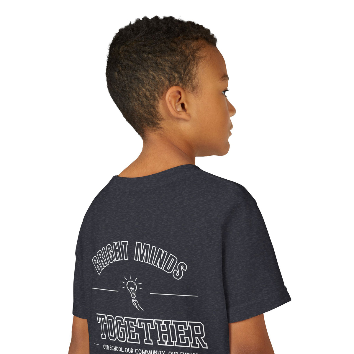 Bright Acres Bright Minds Together Youth Tee — Heather Navy, back detail on model
