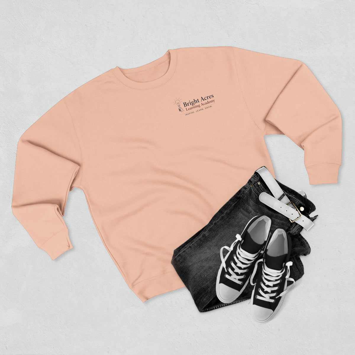 Bright Acres Bright Minds Together Fleece Adult Crewneck — Pale Pink, styled flat lay