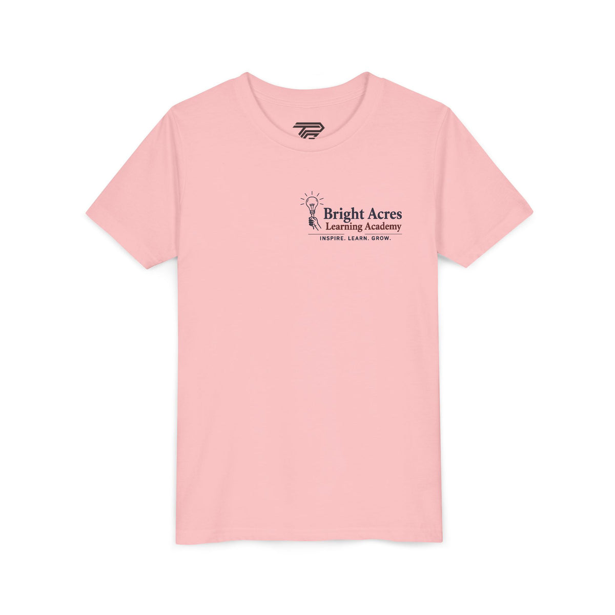 Bright Acres Bright Minds Together Youth Tee — Pink, front, hanging