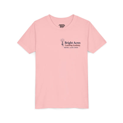 Bright Acres Bright Minds Together Youth Tee — Pink, front, hanging