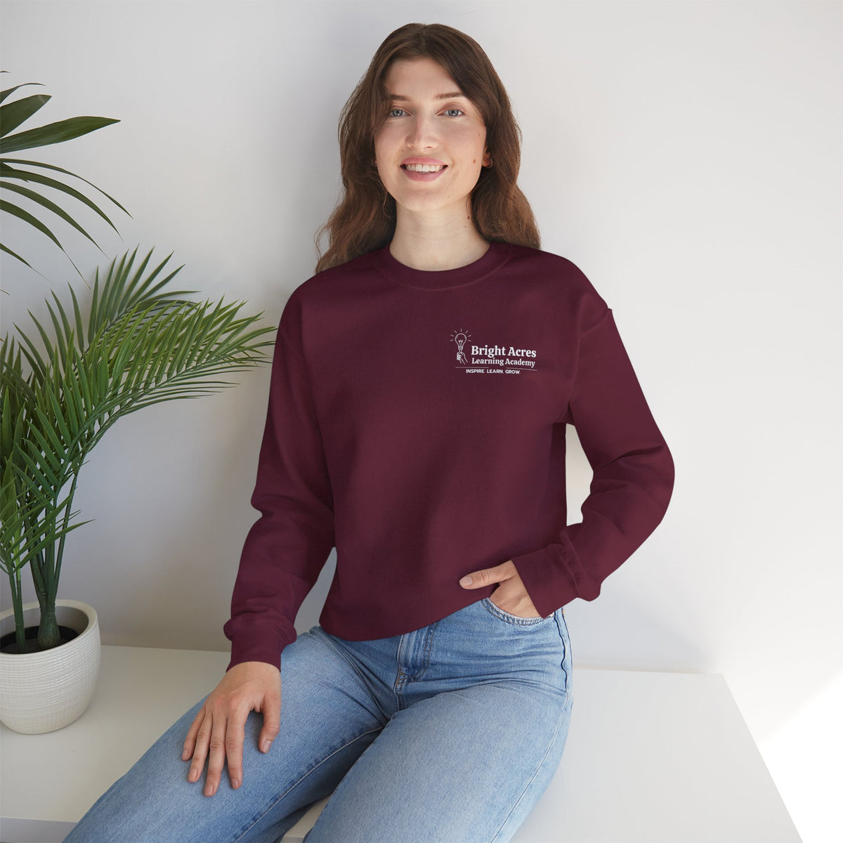 Bright Acres Bright Minds Together Classic Adult Crewneck — Maroon, front on model