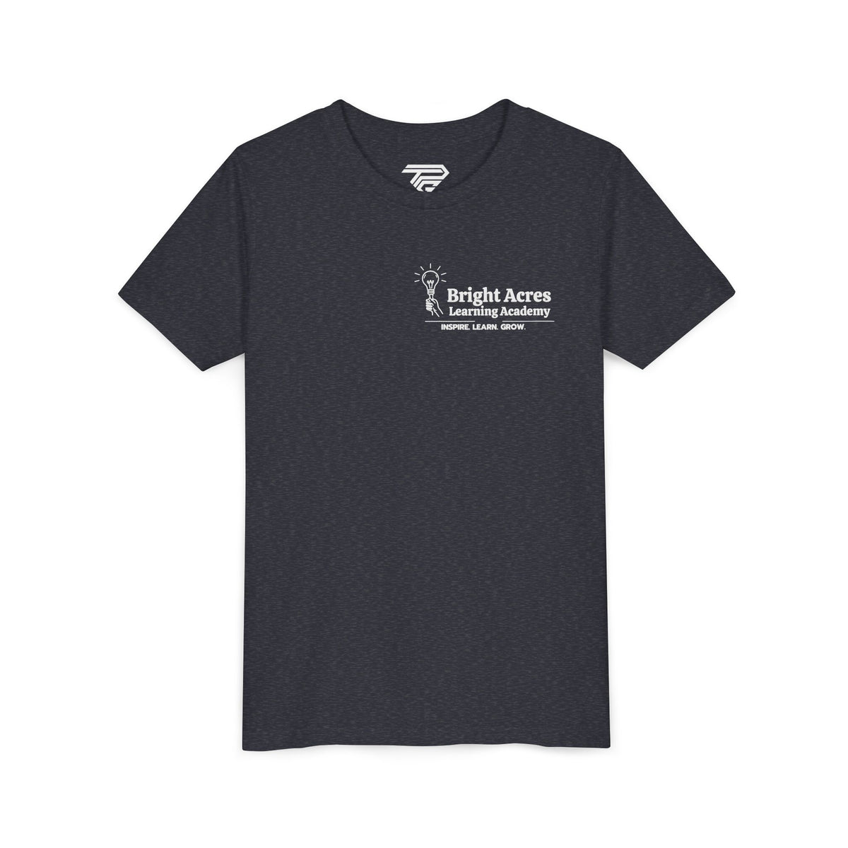 Bright Acres Bright Minds Together Youth Tee — Heather Navy, front, hanging