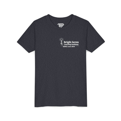 Bright Acres Bright Minds Together Youth Tee — Heather Navy, front, hanging