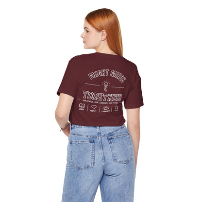 Bright Acres Bright Minds Together Adult Tee — Maroon, back on model