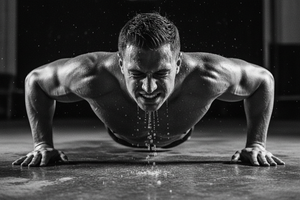 A gritty black and white video of a male athlete doing pushups, dripping sweat as he pushes.