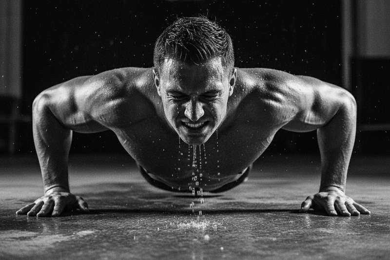 A gritty black and white video of a male athlete doing pushups, dripping sweat as he pushes.